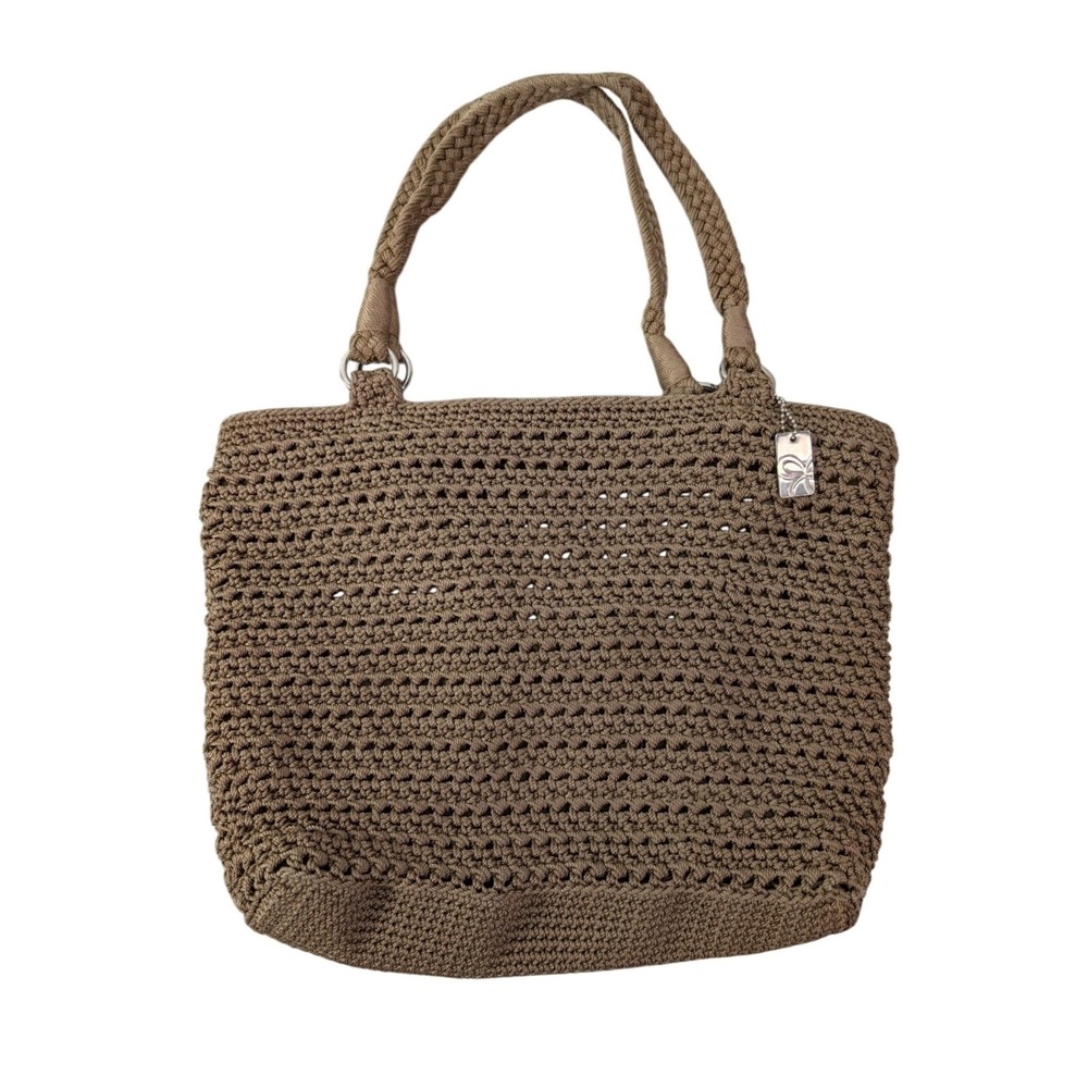 Lina Women's Brown Crochet Woven Knit Shoulder Bag Grannycore Zip Close Boho 20"